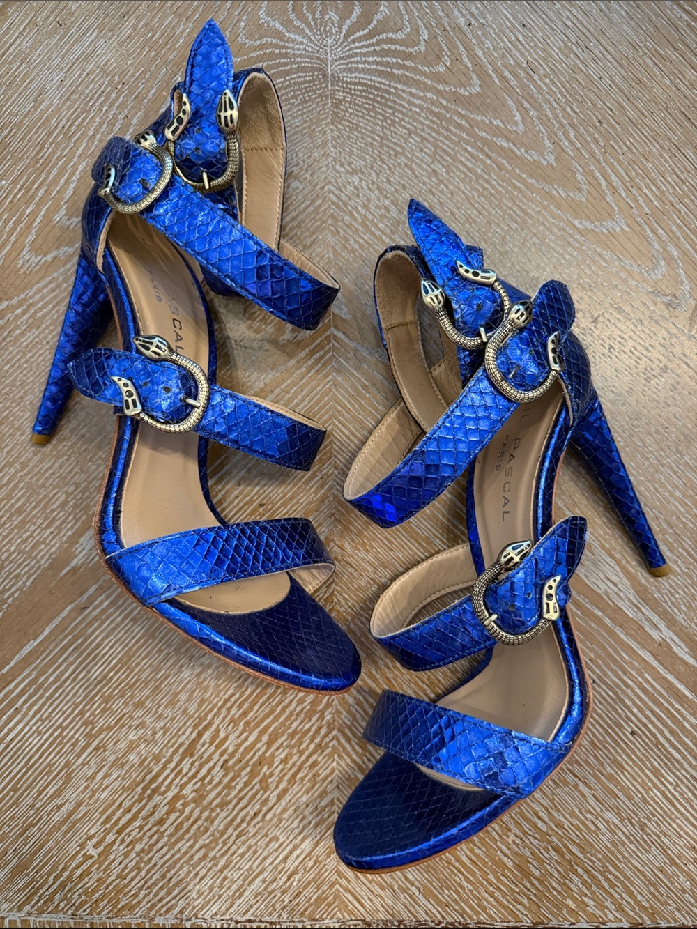 Luli Pascal Paris Cobalt Blue Genuine Snakeskin Serpent Buckle Heels 38